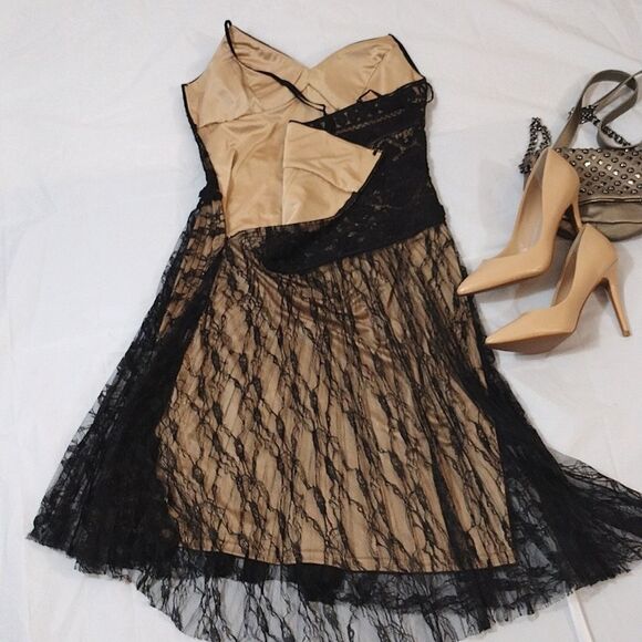 Sue Wong Y2K Black Gold Floral Crochet Lace Tank Midi Slip Dress Size 8 - Picture 12 of 17